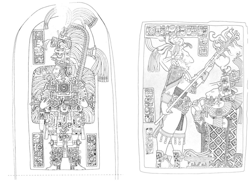 128 Figure 13.2: Late Classic images of kings. Left: Tikal St. 16 (AD 711), front. Limestone. Height above ground level approximately 2.23 m. (Jones and Satterthwaite 1982:Fig.