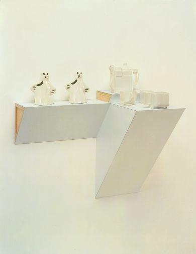 Haim Steinbach, Untitled (Malevich Tea Set, Hallmark Ghosts), 1989, mixed media installation, collection SM s Stedelijk Museum, s-hertogenbosch In the 1980s, commodity artists such as Jeff Koons and