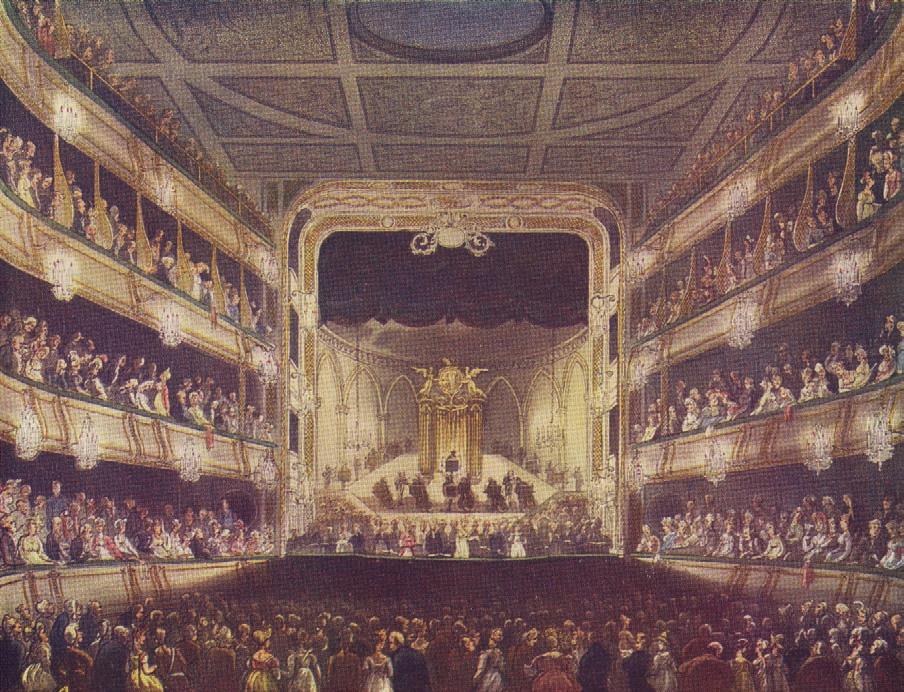 6 Oratorio at Covent Garden Theatre, with the organ and orchestral platform in the centre of the stage; aquatint after Thomas Rowlandson, published in R.