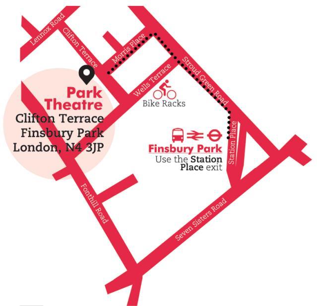 Finsbury Park Station via the Station Place Exit and follow the black dotted line on