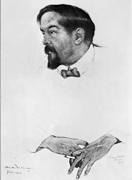 Portrait sketch of Debussy (1913) by Ivan Thiele is symbolised by a mermaid rising from the sea.