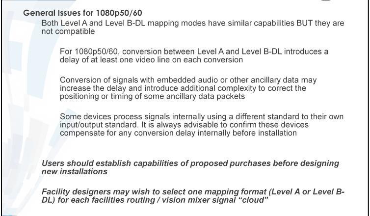 3G SDI Some things to Consider General Issues for 1080p50/60 Both Level A and Level B-DL mapping modes have similar capabilities BUT they are not compatible For 1080p50/60, conversion between Level A