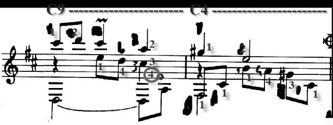 104 should receive the most attention in this movement. This fingering suggestion in Musical Example 8.2 makes that possible. Musical Example 8.2 Valseana, 2 nd movement from Aquarelle by Assad (mm.