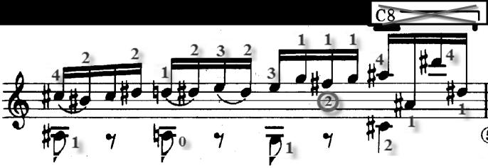 Playing the F# with finger number one will naturally create the eighth-note pause in the bass. The bar on the eighth fret is unnecessary. Musical Example 8.
