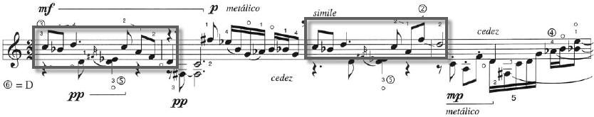 39 Musical Example 2.5 Fantasia Carioca by Assad (mm. 1-4) Theme 2 appears for the first time in measures 84-87 (see Musical Example 2.6). Musical Example 2.6 Fantasia Carioca by Assad (mm.