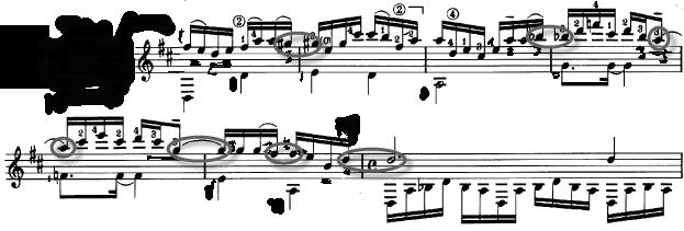 62 Musical Example 4.11 Fantasia Carioca by Assad (mm. 57-60) Another baião characteristic includes a type of anticipation that appears at the end of phrase segments.