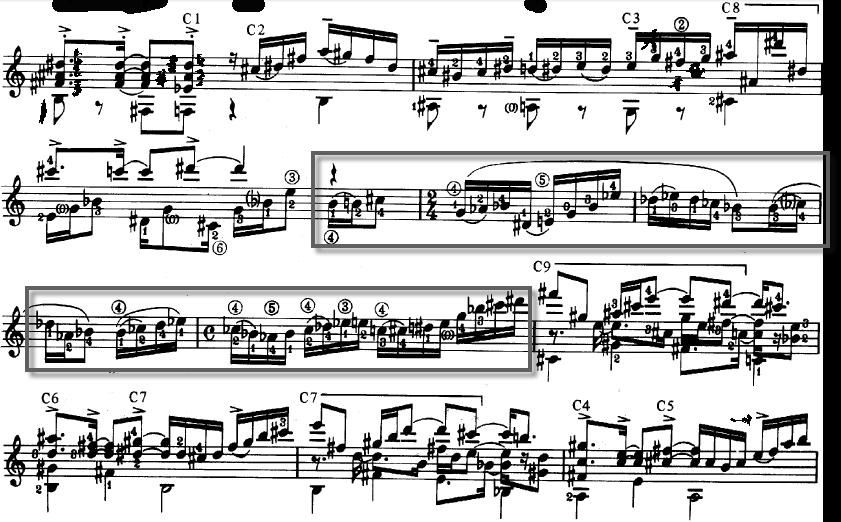 82 Musical Example 6.2 Divertimento, 1 st movement from Aquarelle by Assad (mm. 91-95) The following measures (see Musical Examples 6.3 and 6.