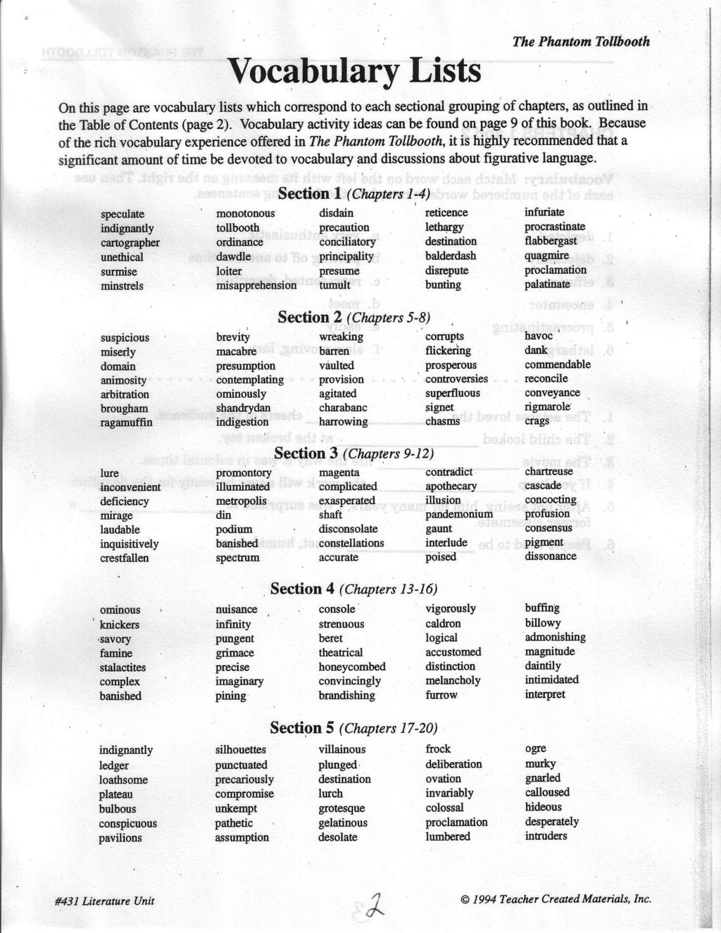 Vocabulary Lists The Phantom Tollbooth On this page are vocabula{y lists which correspond to each sectional grouping of chapters, as outlined in the Table of Contents (page 2).