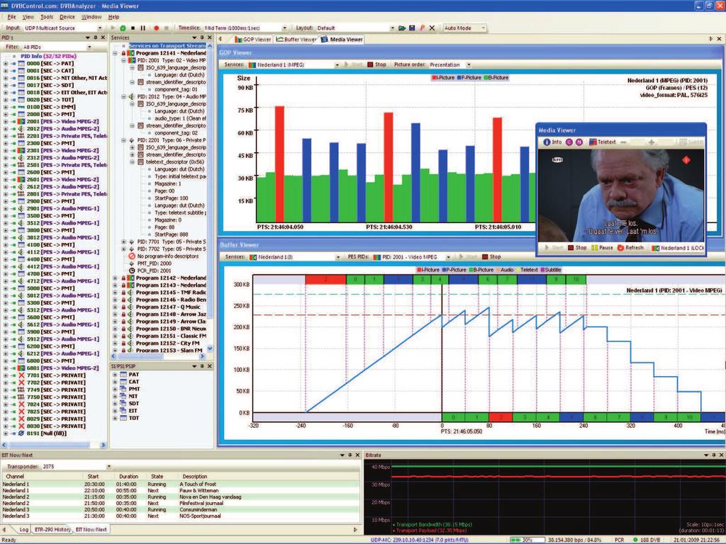 Via easy User Interface interacion, DVBAnalyzer enables you to quickly analyze: PID structures Service structures SI/PSI/PSIP structures ETR-290 compliance Timing Bitrates Teletext Subitling EPG