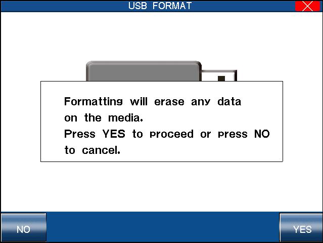 124 Formatting a USB Memory Device The format function allows all data stored on the USB memory device to be cleared. To format a USB memory: In the USB menu, touch FORMAT.