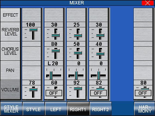 20 3) Mixer This Mixer screen allows you to change the volume, panning, reverb and chorus levels, as well as turn the effect on/off for each Part.