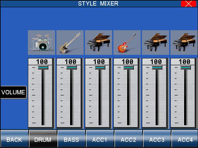 21 To adjust the individual Section level: The Mixer not only lets you set the overall volume level for the Style, but set individual volume levels for the 6 Sections within a Style.