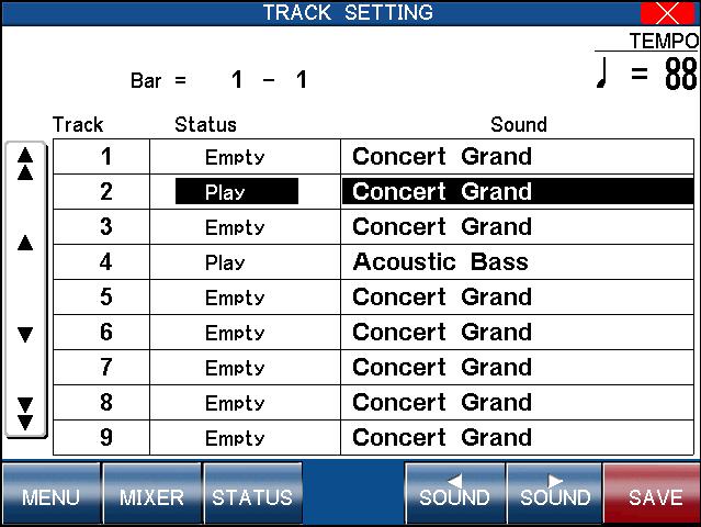 42 Track Settings The Track Settings screen shows you the Play, Record, and Mute status for each track. In addition it shows you what sound is assigned for the sixteen instrument tracks.
