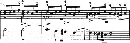 Having to learn all five voices of a five voice fugue and then play them without music greatly expands a pupil s ability to learn music quickly. 24 The opening theme to Bach s fugue No.
