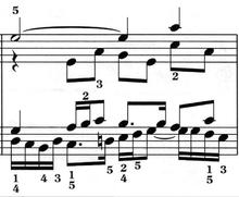 10 Sample of counterpoint from one of Bach s fugues, No 17 in Ab Major, WTC Book 1. Note the four simultaneous melodies, one in each voice, played on top of each other.
