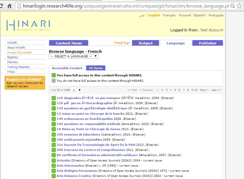 An alphabetical list of French language journals is displayed.