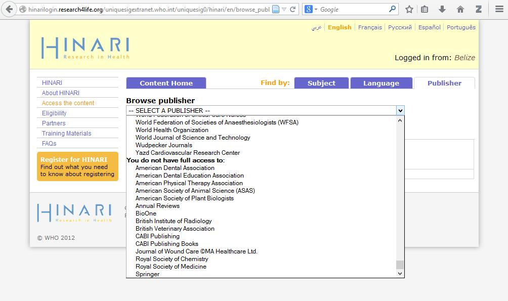 We now will scroll down and view the Publishers list of journals as an