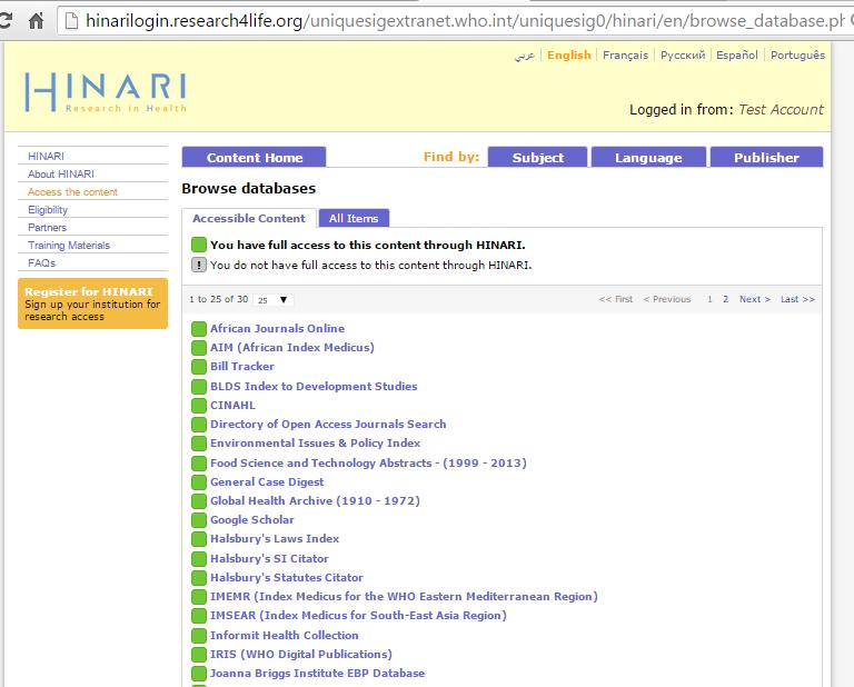 Via clicking on the Search inside HINARI link, we have opened the Browse databases A-Z list.
