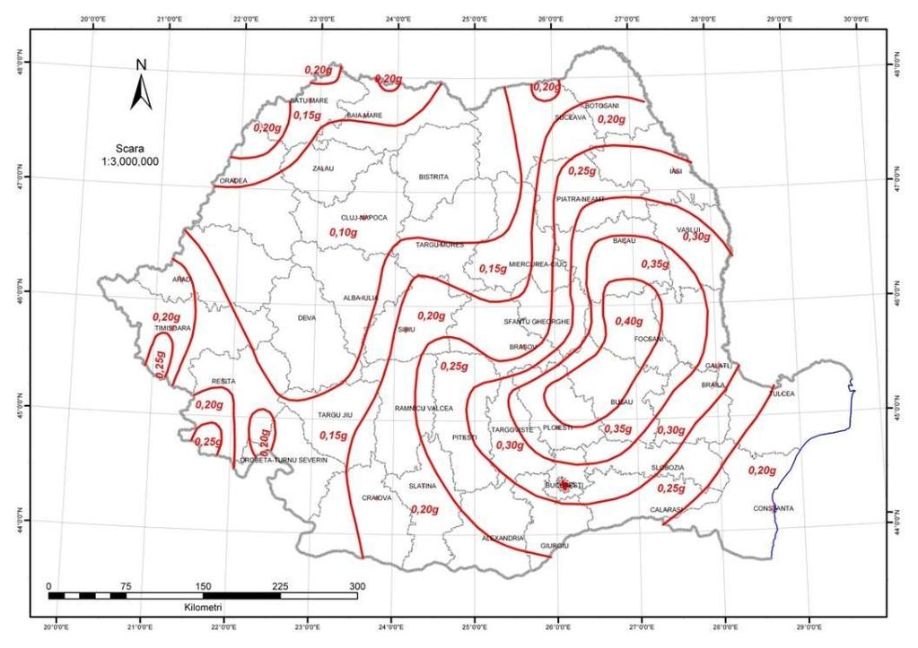 Figura I.43. Zonarea seismică a teritoriului României, în termenii de acceleratii de proiectare pentru un interval mediu de recurenţă de 225 de ani conform P100-1/2013. I.3.3. RISC SEISMIC Metode generale pentru reducerea riscului seismic Minimizarea eficientă a riscului seismic necesită, în primul rând, o estimare cantitativă a hazardului seismic.
