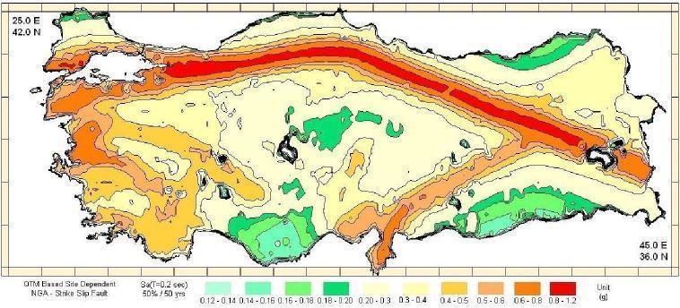 I.4.2.1. Coduri seismice Figura I.52. Acceleraţia spectrală dependentă de amplasament la T=0.2 sec pentru o probabilitate de depăşire de 50% în 50 de ani.