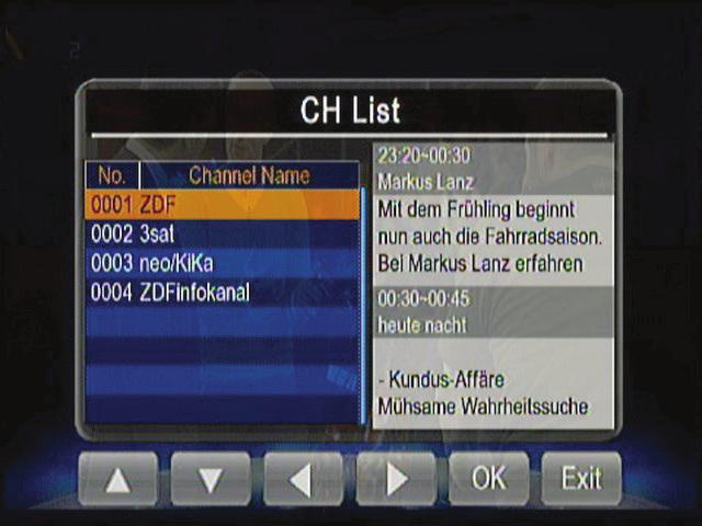 The channel list function will list all available channel information for TV selection, program preview, and to access the