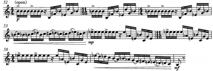 Example 5.15: Concerto no. 2, mvmt. 4, Solo Trumpet, mm. 52 60 * World copyright 1994 by Editions BIM (Jean-Pierre Mathez) - ref. BIM TP80. Excerpts The codetta section (mm.