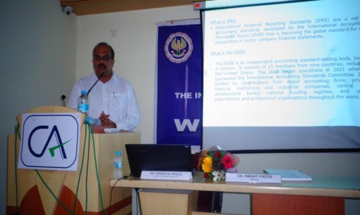 CA. Abhay Fadte, Faculty addressing the participants at the Lecture Meeting on Ind AS held at