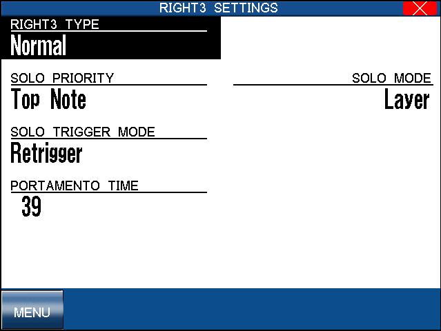 6) RIGHT3 Settings Page 107 This configures the special settings for the RIGHT3 part. Changing these settings will also change these settings in the KBD SETTINGS menu.