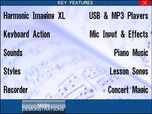 16 Step 3 To exit, press the EXIT, PLAY/STOP or the DEMO button. When a selected Demo song ends, another song of the same type will be randomly chosen from another category and played.