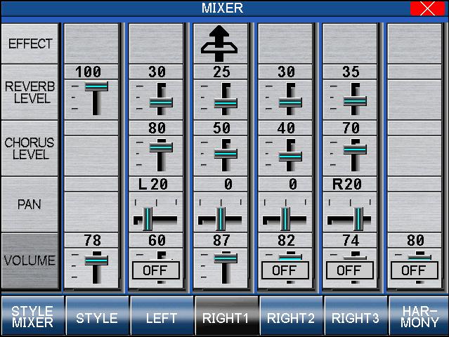 24 3) Mixer This Mixer screen allows you to change the volume, panning, reverb and chorus levels, as well as turn the effect on/off for each Part.