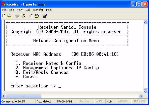 The Receiver Main Menu (Desktop Mode) will appear. 7. Press 1 to select the Network Configuration option and press Enter. Figure 3.