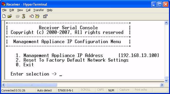 40 HMX Extender System Installer/User Guide 7. Press 1 to select Management Appliance IP Address. Figure 3.18: HMX Manager IP Configuration Menu 8. Type a valid IP address and press Enter. 9.