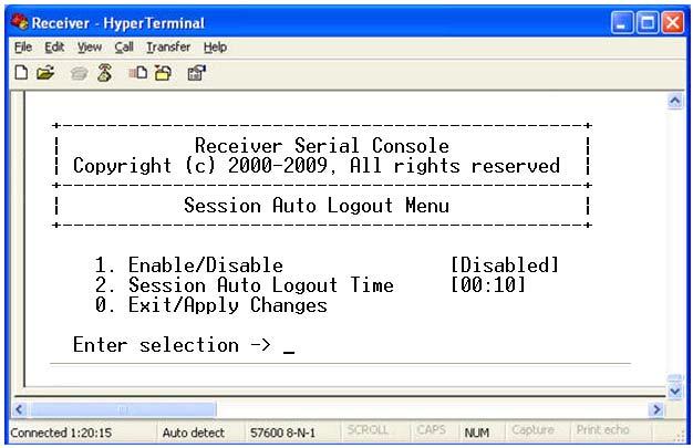 60 HMX Extender System Installer/User Guide 2. Enter 9 to choose Session Auto logout time, then press Enter. The Session Auto Logout Menu opens. Figure 3.41: Session Auto Logout Menu 3.