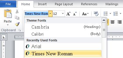 You should see the default font of the document in the Toolbar window (usually Calibri or Times New Roman). Click on the down arrow to see the list of Word Fonts available. 2 3 3.