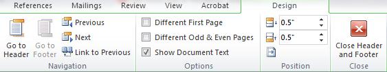 10. Repeat this action on the first page of your Main Body Text: double click near the page number and un-select the Link to Previous button on the Header and Footer Design ribbon that appears at the