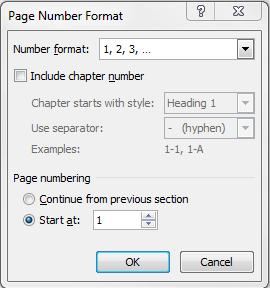 Click Page Numbers and then select Format Page Numbers in the drop down menu.