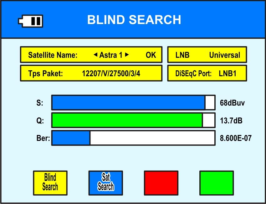 Blind Search Blind Search Press SCAN. The screen BLIND SEARCH opens. Figure 17: Blind search Blind Scan Chose the satellite you d like to search with the buttons and Press F1.