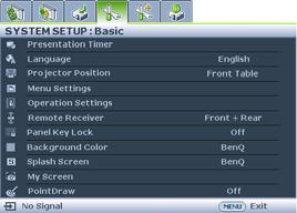 Use / to highlight the SYSTEM SETUP: Basic menu. 4.