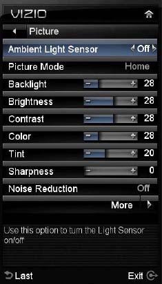Parameters as Backlight, Brightness, Contrast, Color, Tint and Sharpness are adjustable, Noise Reduction is switchable On or Off.