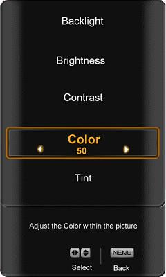 Once the adjustments are completed press the EXIT button to exit the OSD completely. 4.2.5 Color Press the button to highlight the Color selection. Use the or button to adjust the level.