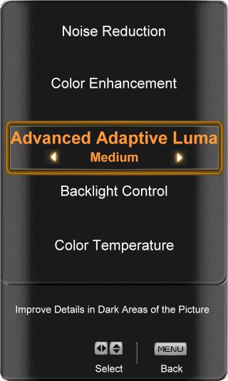 Advanced Adaptive Luma Press the button to highlight Advanced Adaptive Luma.