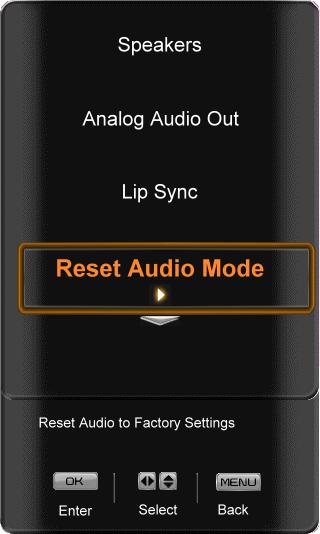 Reset Audio Mode Press the button to highlight the Reset Picture Mode option Press the or OK button.. A confirmation OSD will be displayed. Press either to accept or to cancel.