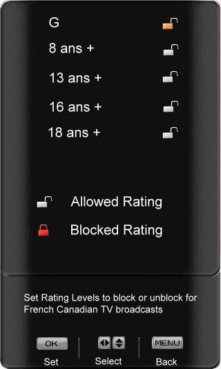 Press the button to highlight the Parental option. Press the button to enter password. Press the button to highlight the Canadian French Rating option.