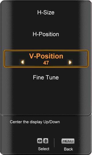 SIZE and POSITION OPTIONS This option allows fine tuning of the display for optimum fit within the display area H-SIZE Press the MENU button to bring up the On Screen Display (OSD).