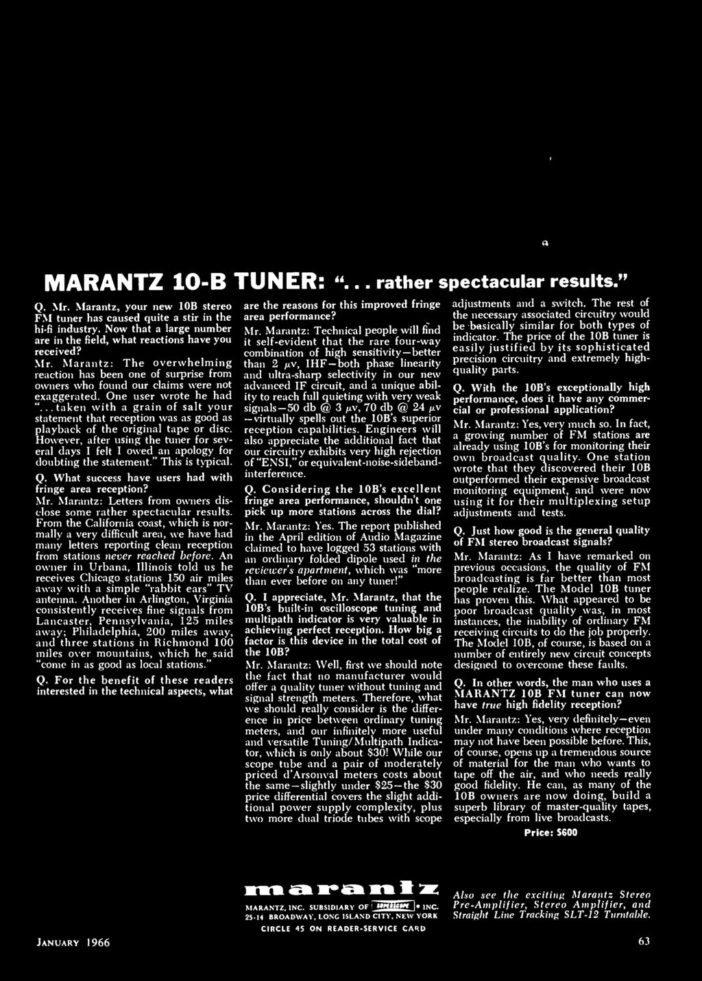 Marantz: Letters from owners disclose some rather spectacular results.