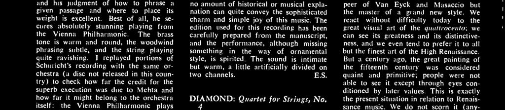 The sound is intimate but warm, a little artificially divided on two channels. E.S. DIAMOND: Quartet for Strings, No. 4 fbarber: Quartet for Strings, Op. 11 Beaux -Arts String Quartet. EPIC LC 3907.