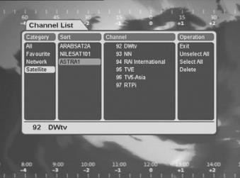 Now, the services of the selected network are displayed on the Channel window. Service Satellite The sorting list of the Satellite category consists of the names of satellites. 1.