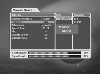 The Satellite Name helps you select Antenna Alternatives. This is only for reference and cannot be changed on this menu. Antenna alternative 16 is fixed for SMATV. Frequency 1.