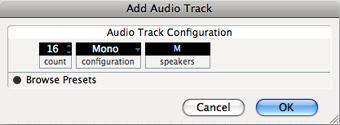Here, create 16 new mono dummy audio tracks for automation to