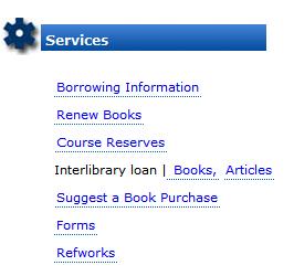 Introduction to the Links Information about length of loans, fine policies, holds, etc. Form for renewing library materials. Lists what items are on reserve for a class.